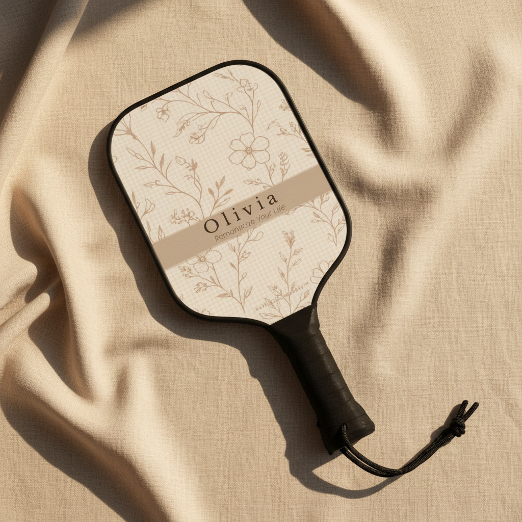 Handheld mirror with floral design and 'Olivia' branding on a beige fabric background