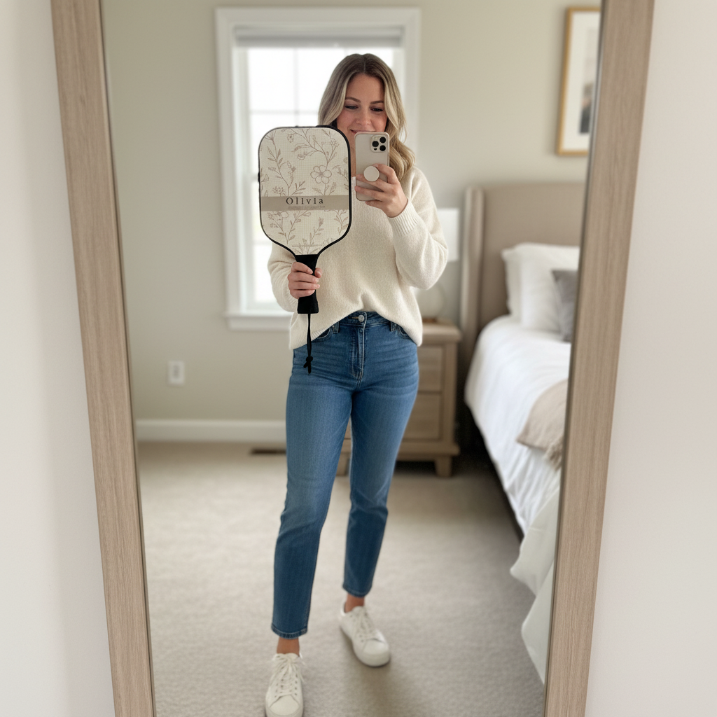 Woman holding a branded paddle in front of a mirror in a bedroom.