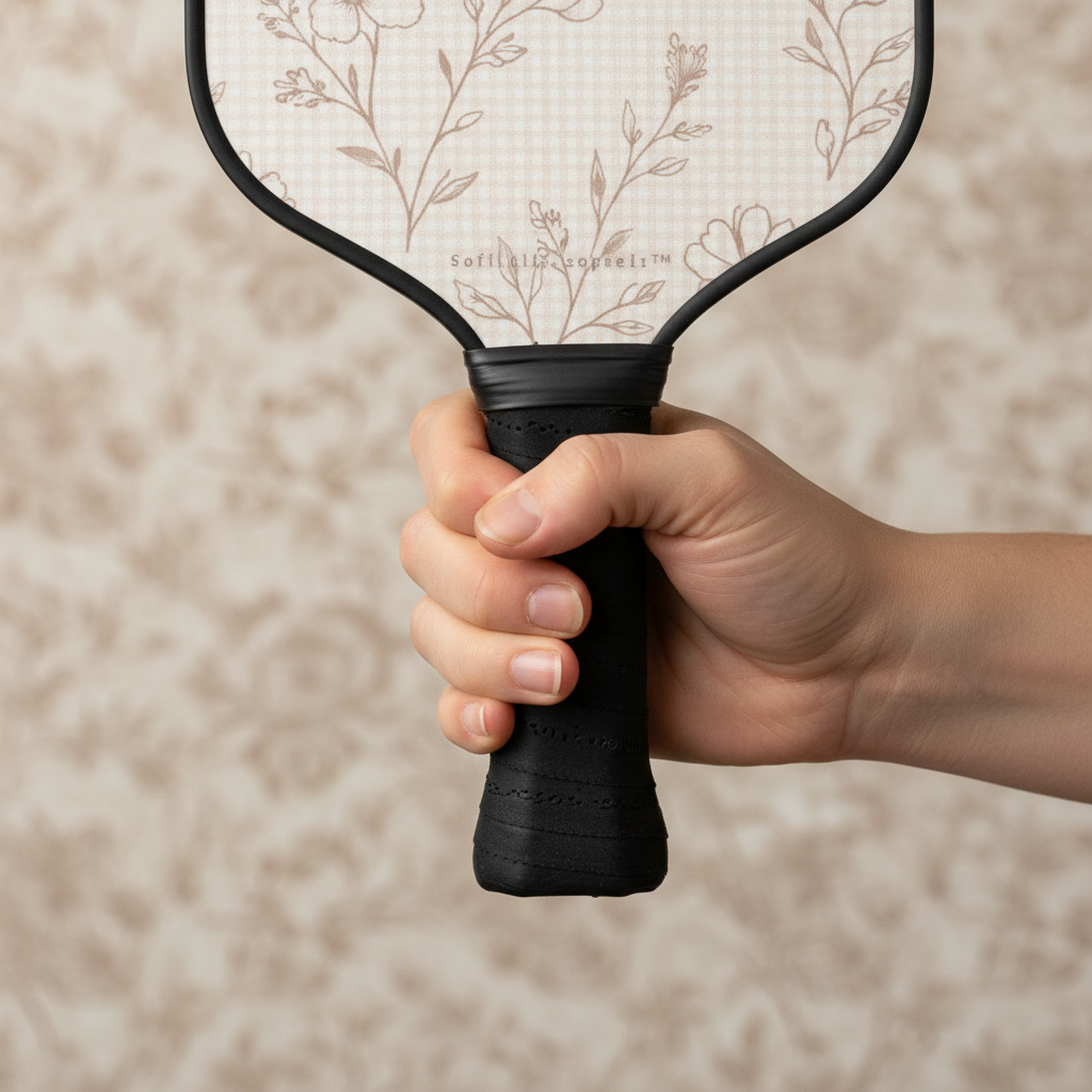 Hand holding a black paddle with floral design on a beige background