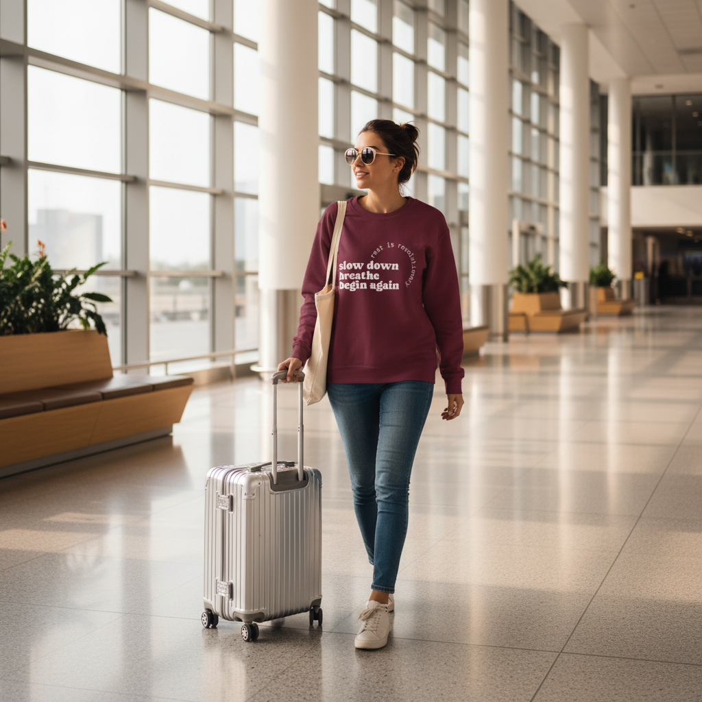 Woman walking through an airport with a silver suitcase, wearing a maroon ‘slow down, breathe, begin again’ Soft Life Society™ sweatshirt and sunglasses.