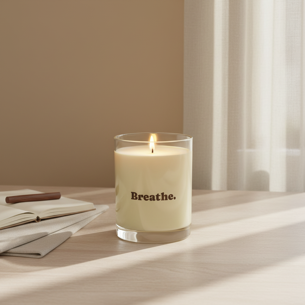 Soft Life Society Affirmation Candle in a glass jar with 'Breathe' text on a wooden surface with a notebook and pen.