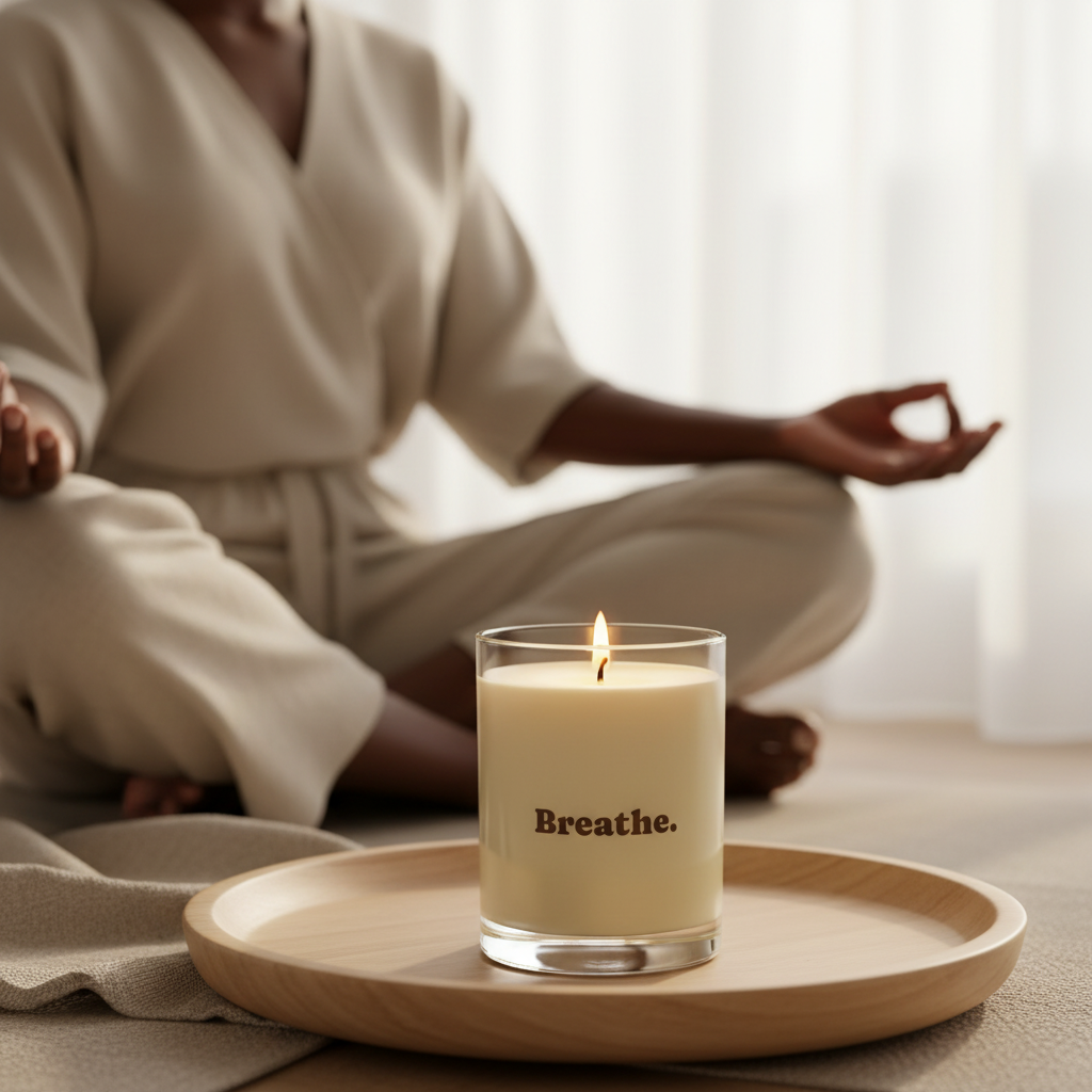 Person in a robe meditating with a 'Breathe' Soft Life Society Affirmation candle on a tray in the foreground.