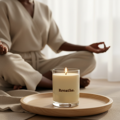 Person in a robe meditating with a 'Breathe' Soft Life Society Affirmation candle on a tray in the foreground.
