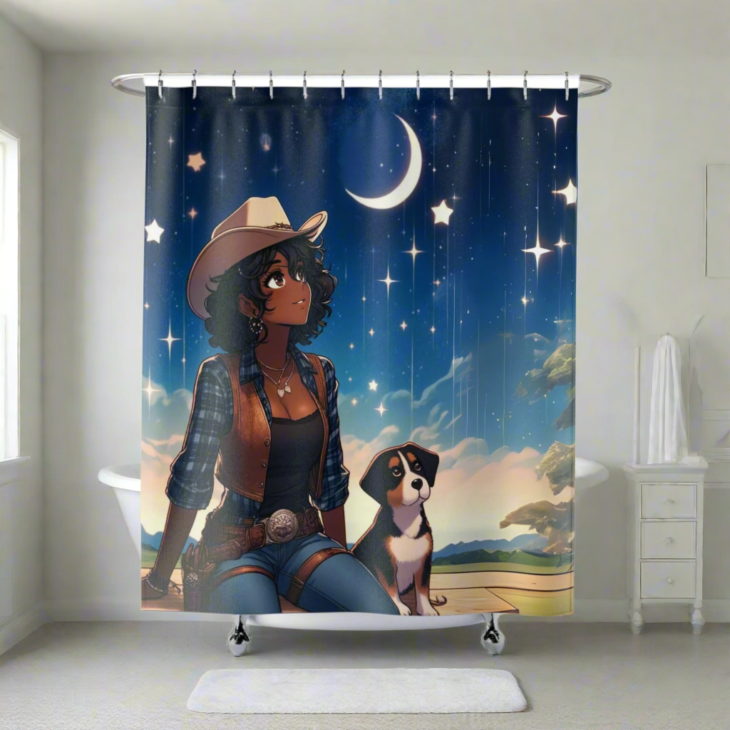 Front view of the Cowgirl and Dog Under the Night Sky Shower Curtain featuring a starry backdrop
