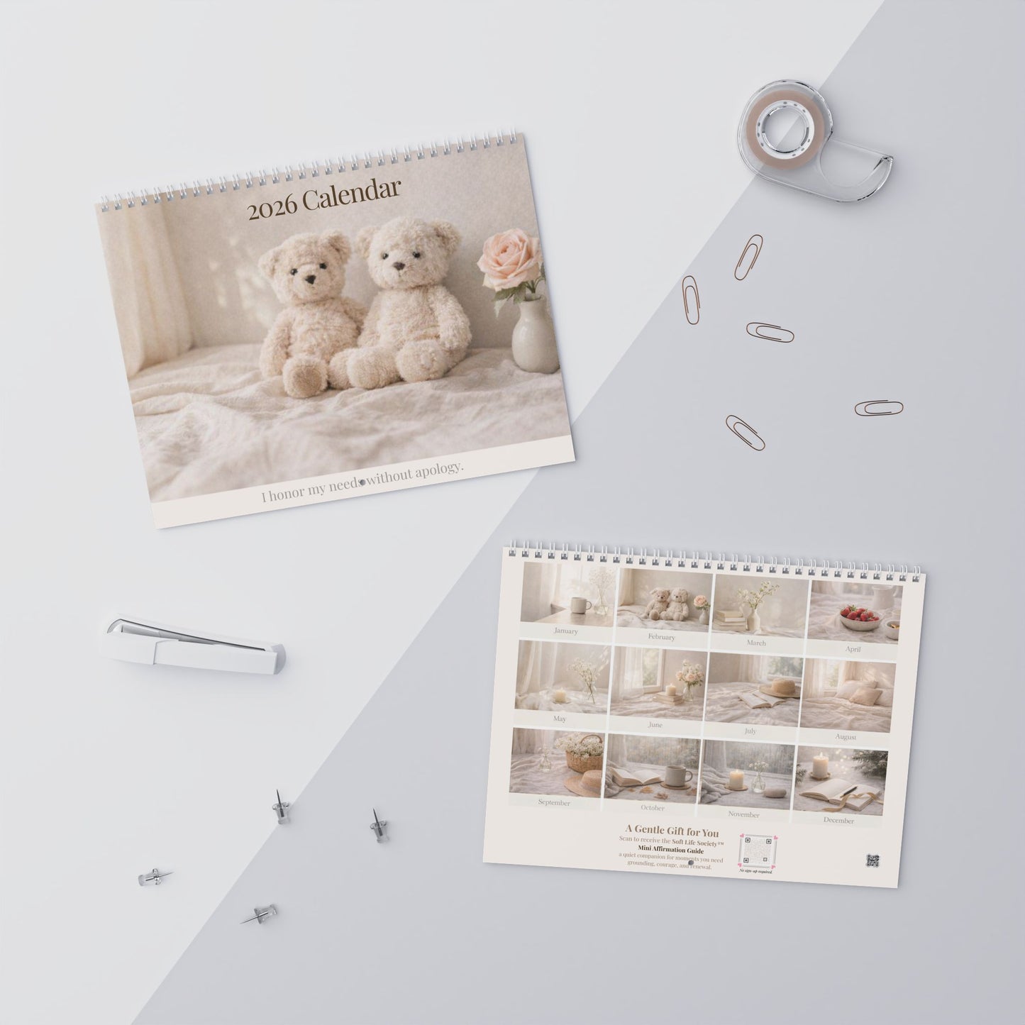 2026 calendar with teddy bears on a light surface