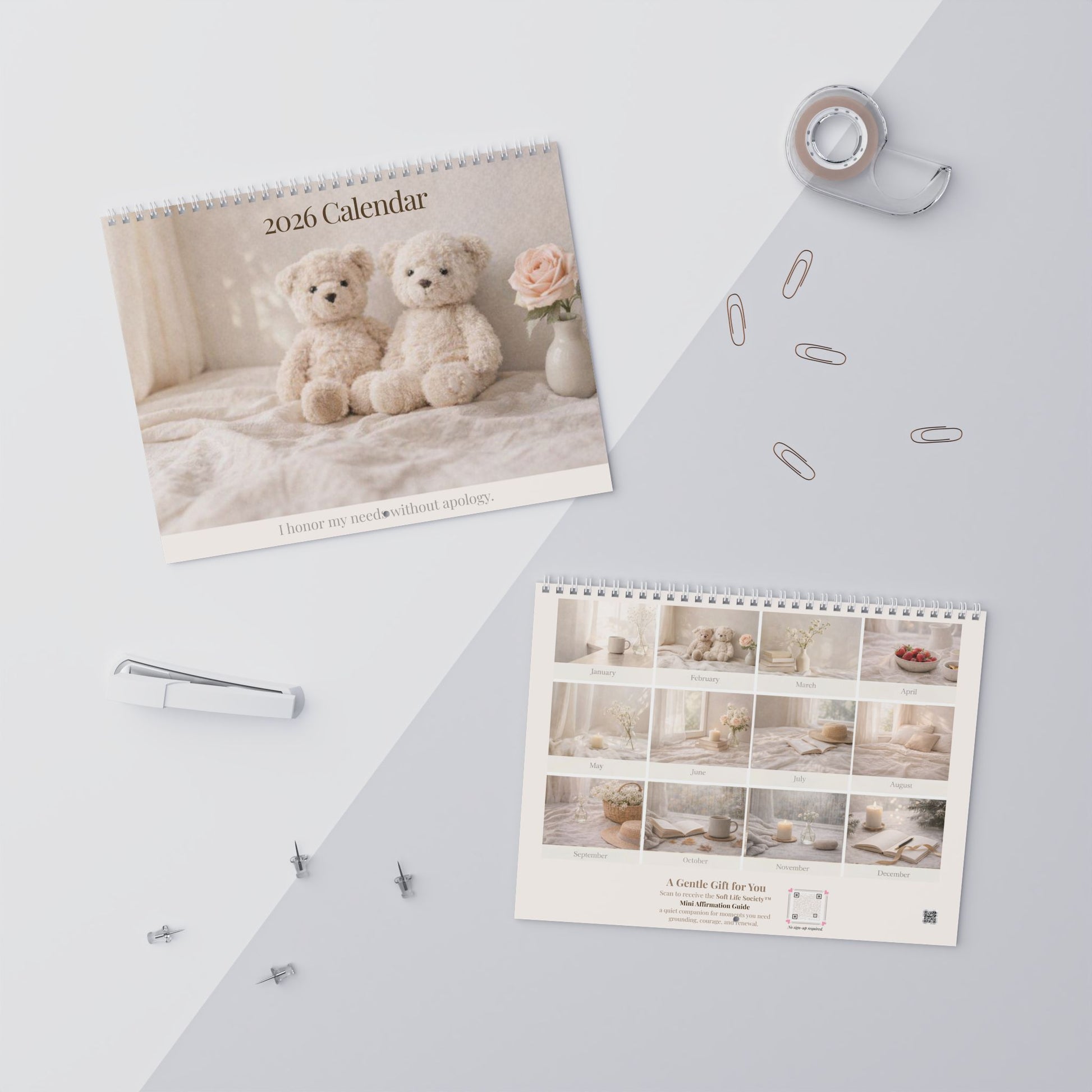 2026 calendar with teddy bears on a light surface