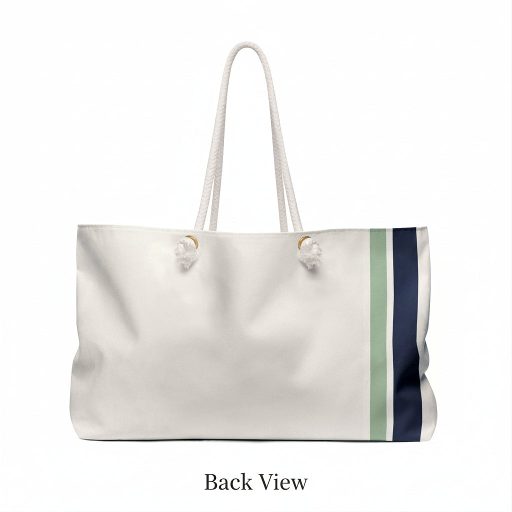 White tote bag with a green stripe and navy accents on a white background