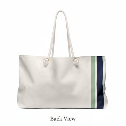 White tote bag with a green stripe and navy accents on a white background