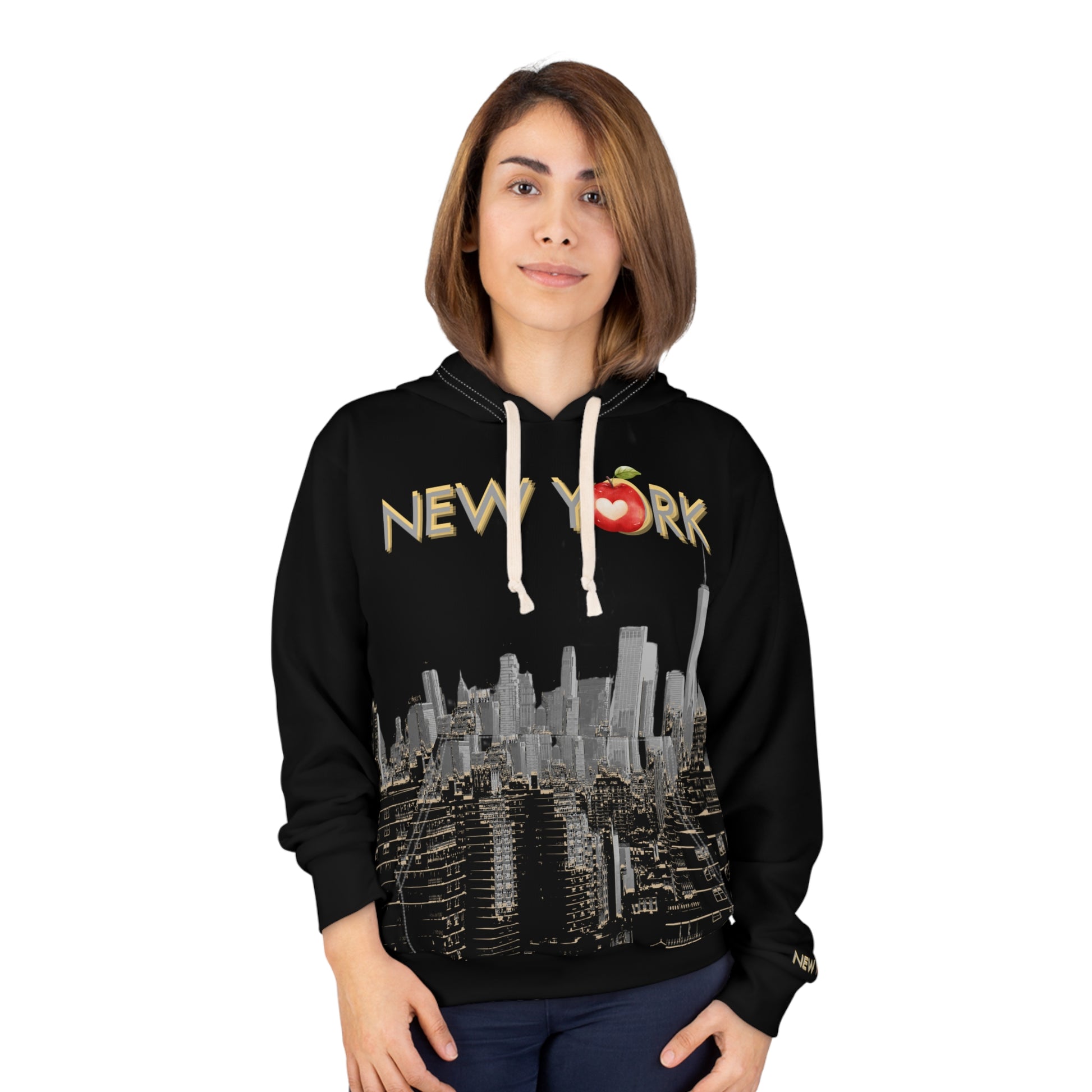 Lifestyle model wearing the hoodie, showing both front and back designs.
