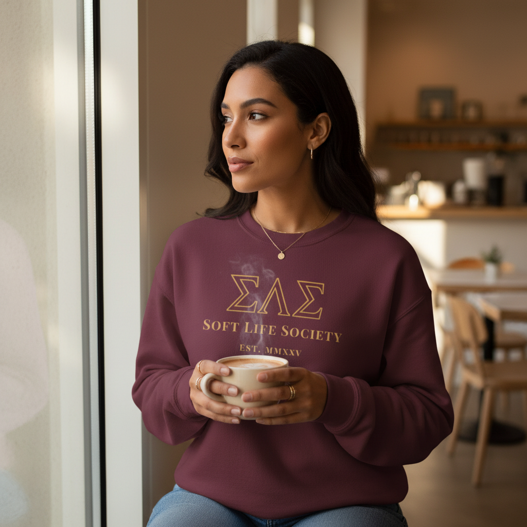 Woman wearing a maroon sweatshirt with 'Soft Life Society' text, holding a mug in a kitchen.