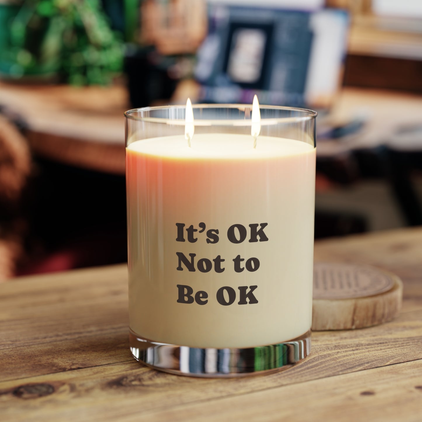 Soft Life Society Candle with 'It's OK Not to Be OK' text on a wooden surface