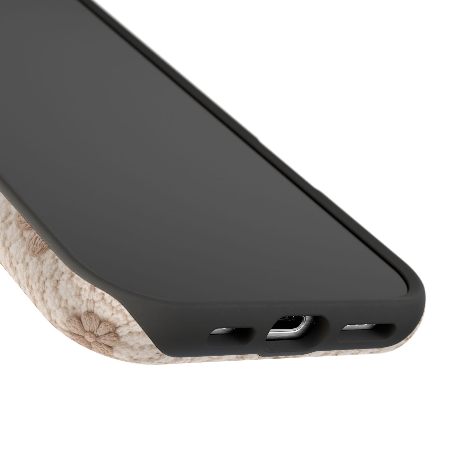 Phone case with black and brown color scheme on a white background