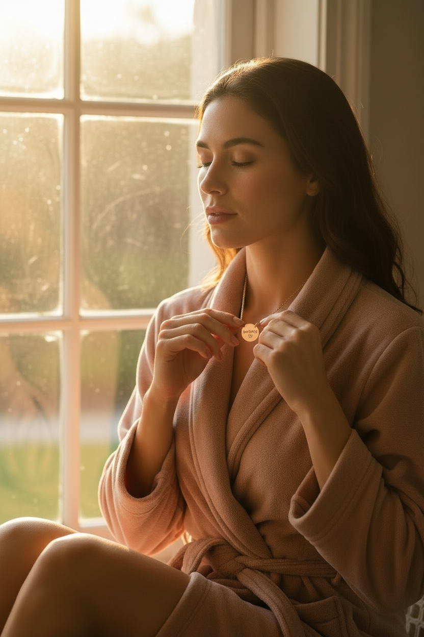 Woman sitting by a sunlit window in a soft robe, gently holding the Becoming Her engraved disc necklace close to her heart during a peaceful morning moment.