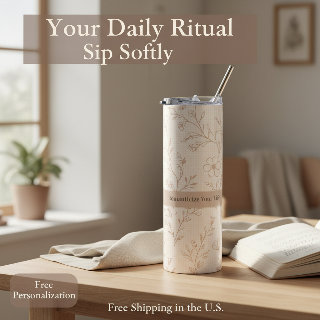 Tumbler with floral design on a table with a cozy indoor setting
