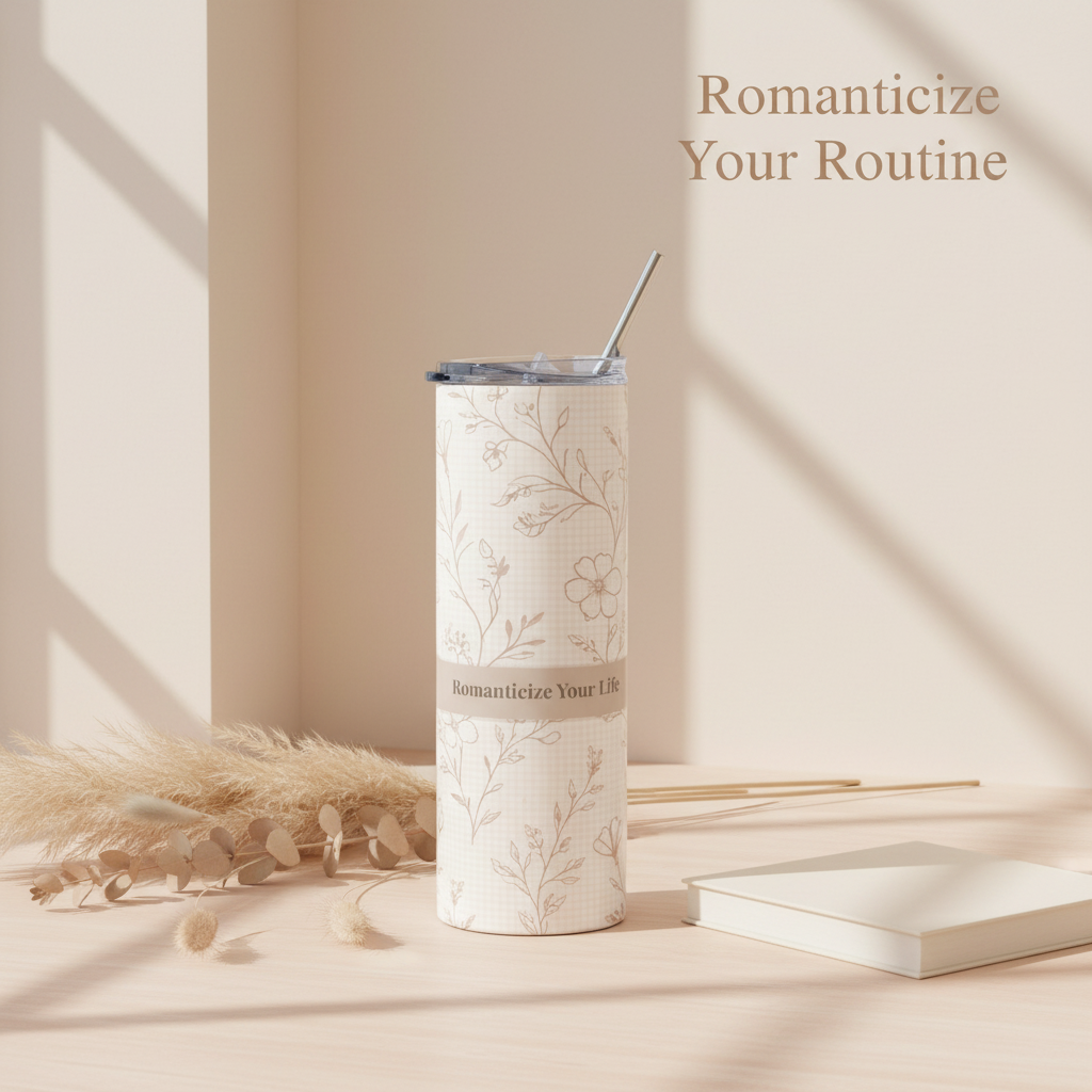 Tumbler with floral design and text on a beige background