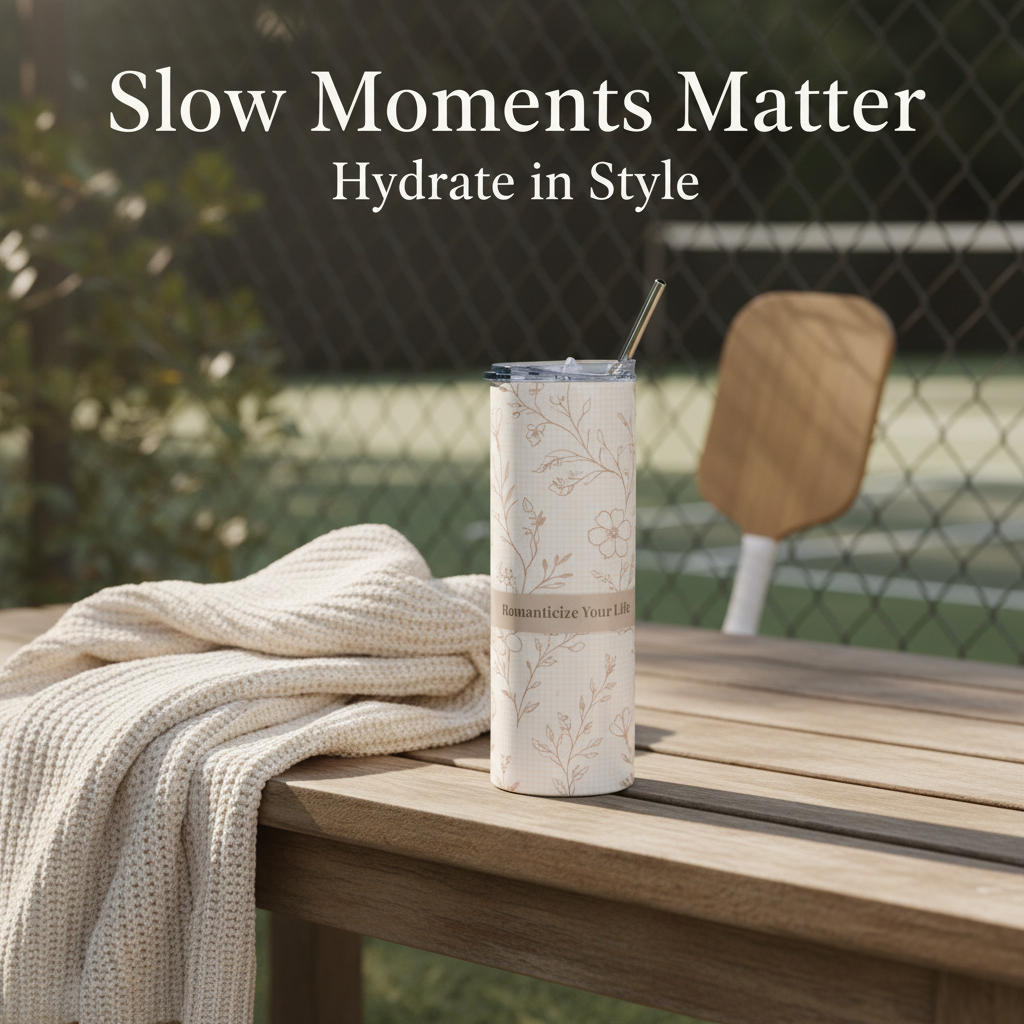 Tumbler with floral design on a wooden table outdoors, with text 'Slow Moments Matter Hydrate in Style'.