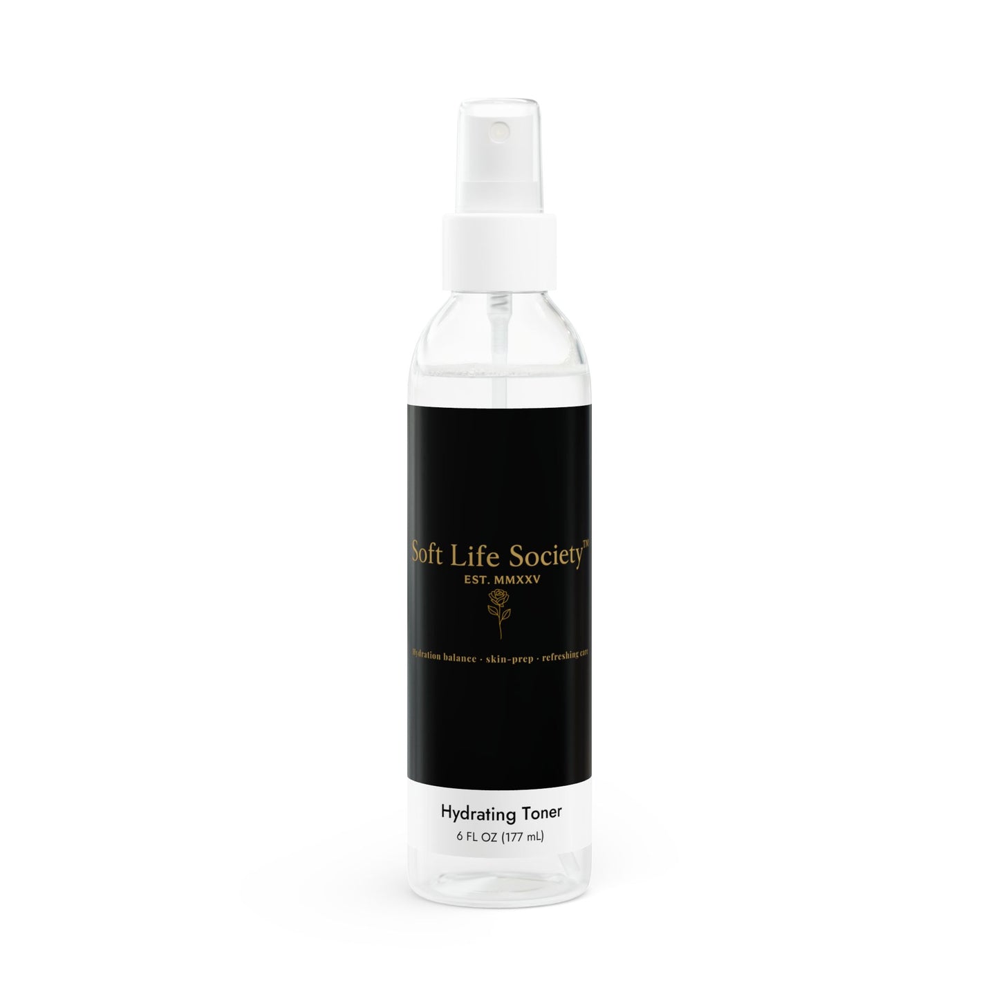 Clear bottle with 'Soft Life Society'  black label on a white background