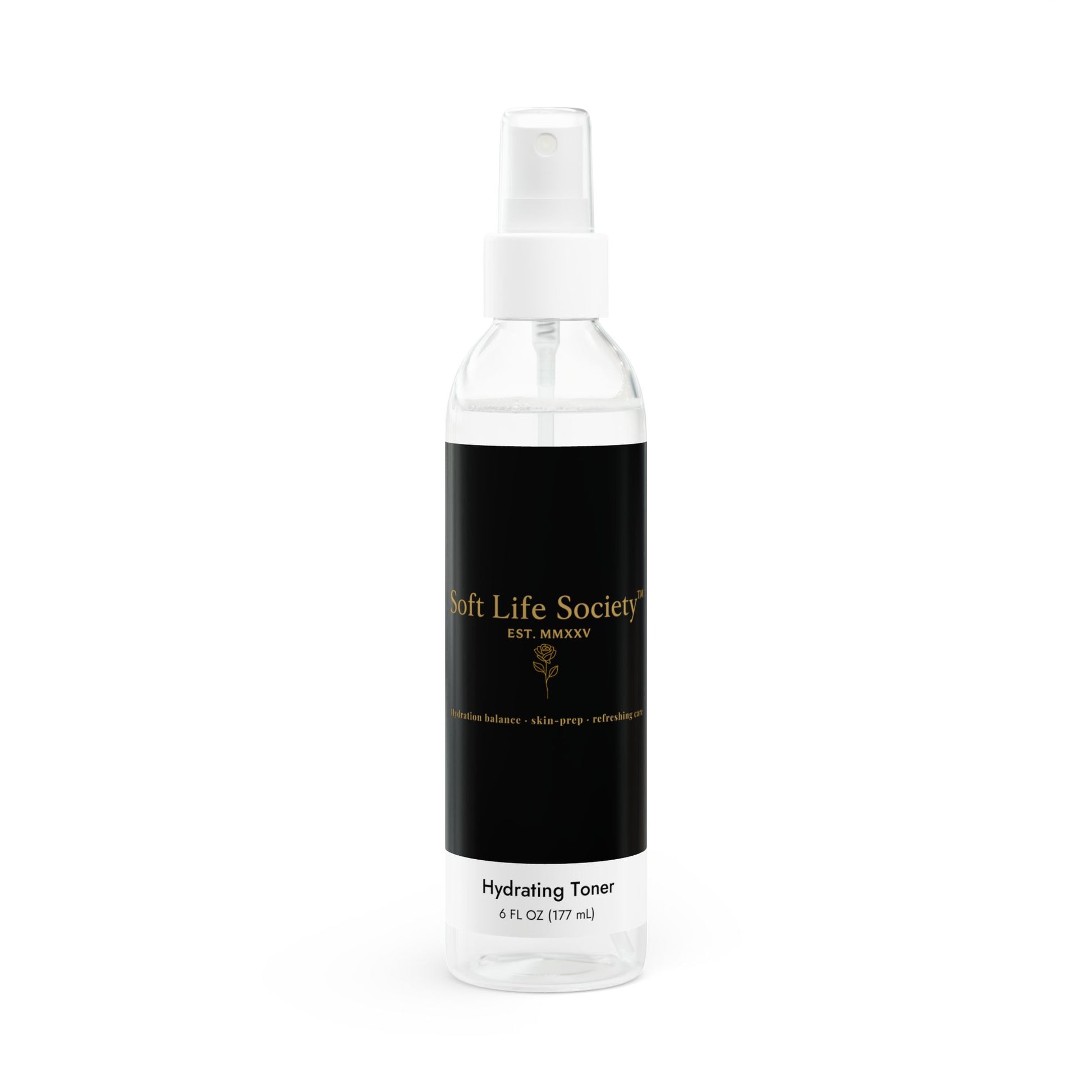 Clear bottle with 'Soft Life Society'  black label on a white background