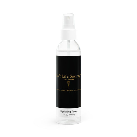 Clear bottle with 'Soft Life Society'  black label on a white background
