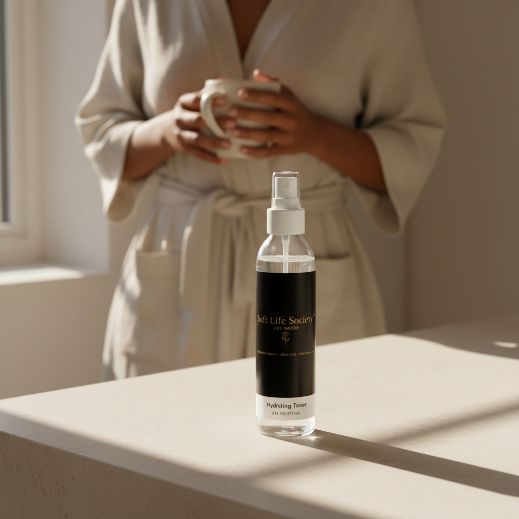 Person in a robe holding a mug with a bottle of 'Soft Life Society' toner on a surface.