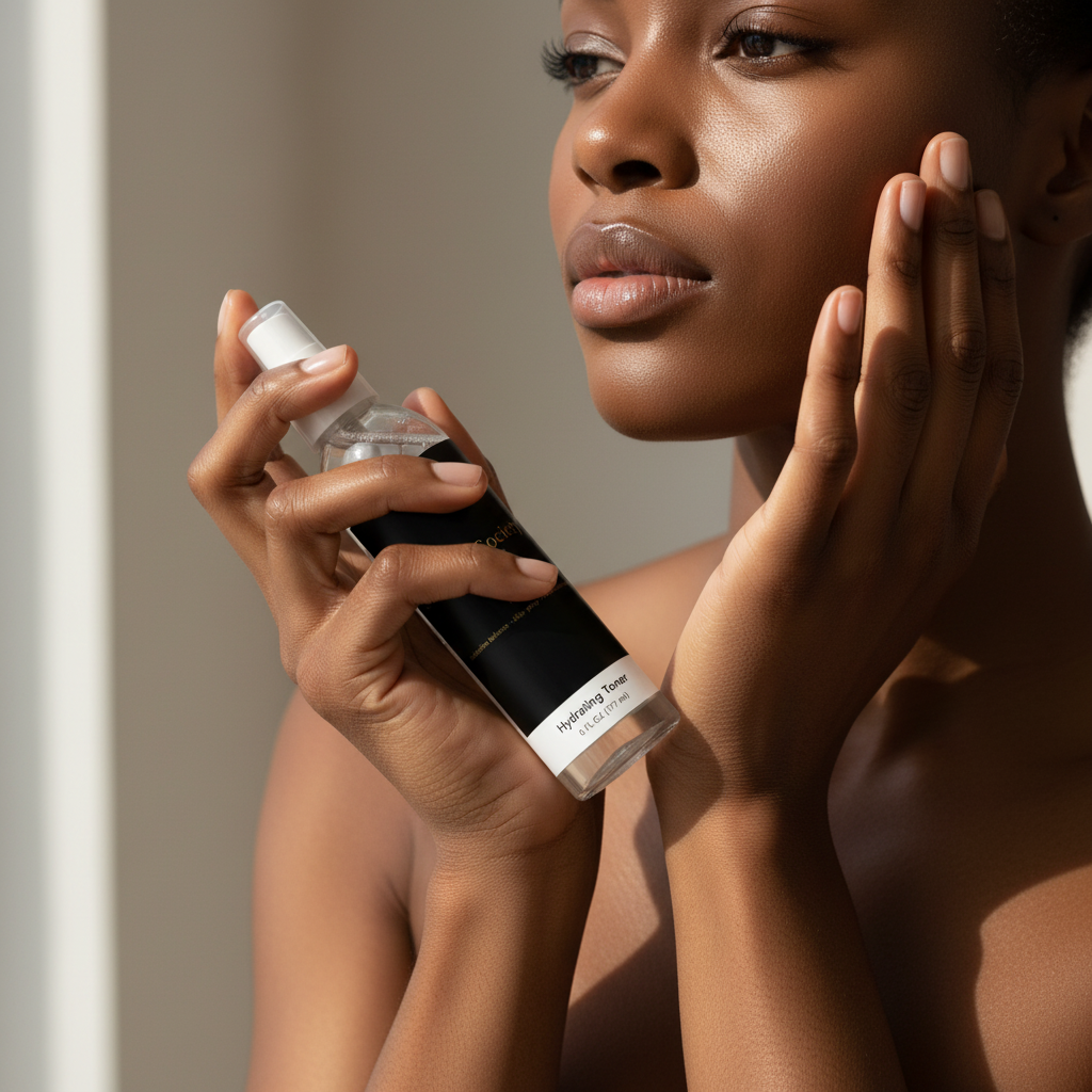 Woman holding a 'Soft Life Society' skincare product with a neutral background