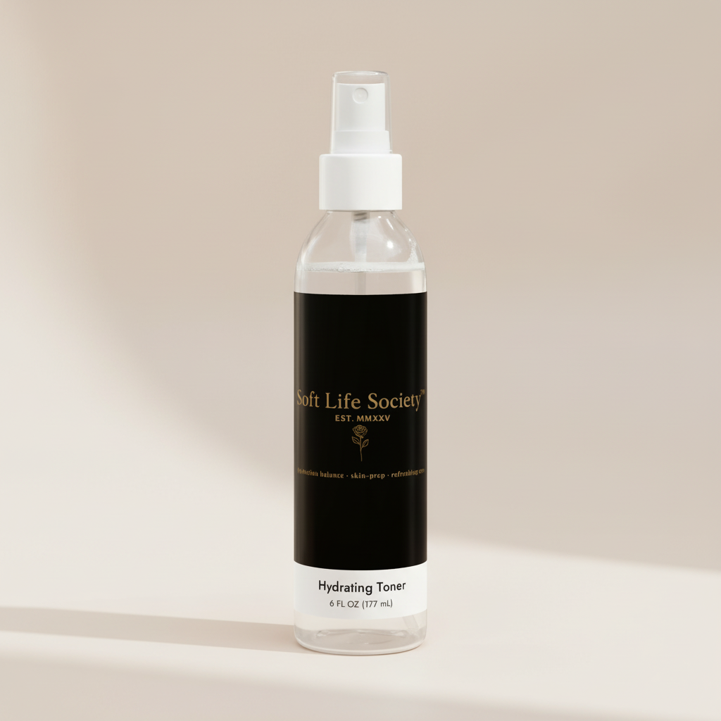 Hydrating toner bottle with a 'Soft Life Society' black label on a beige background