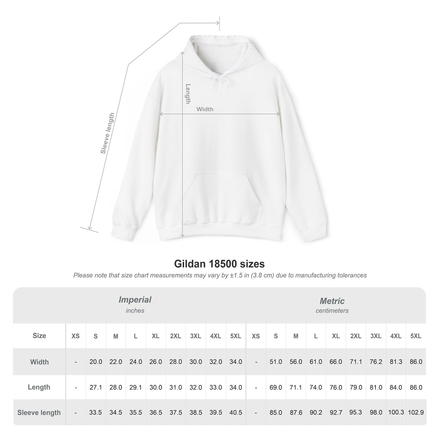 Gildan 18500 hoodie size chart showing measurements for width, length, and sleeve length across sizes.