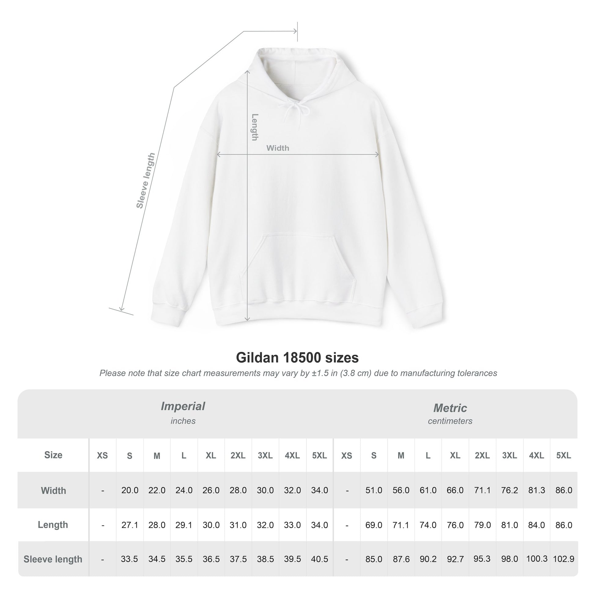 Gildan 18500 hoodie size chart showing measurements for width, length, and sleeve length across sizes.