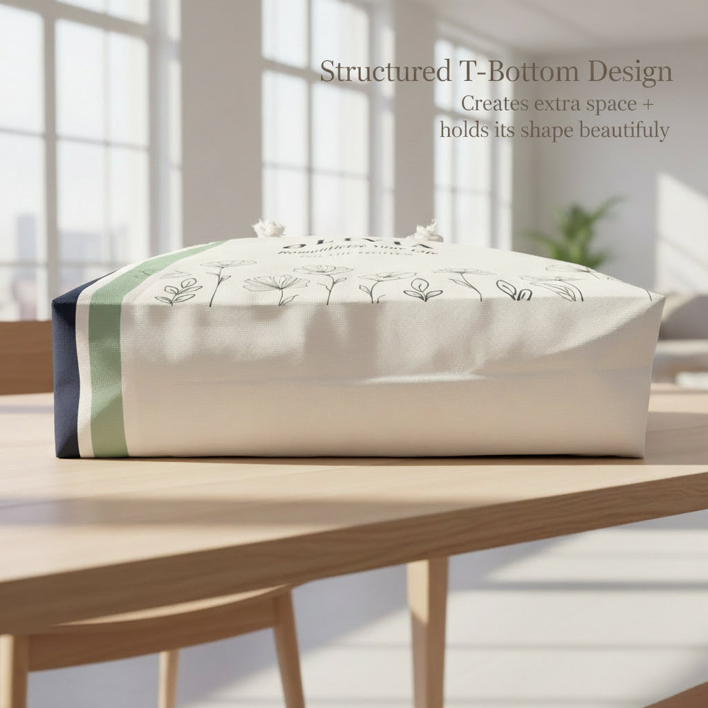 Bottom view of t-bottom weekender tote with green stripe and floral design on a white background