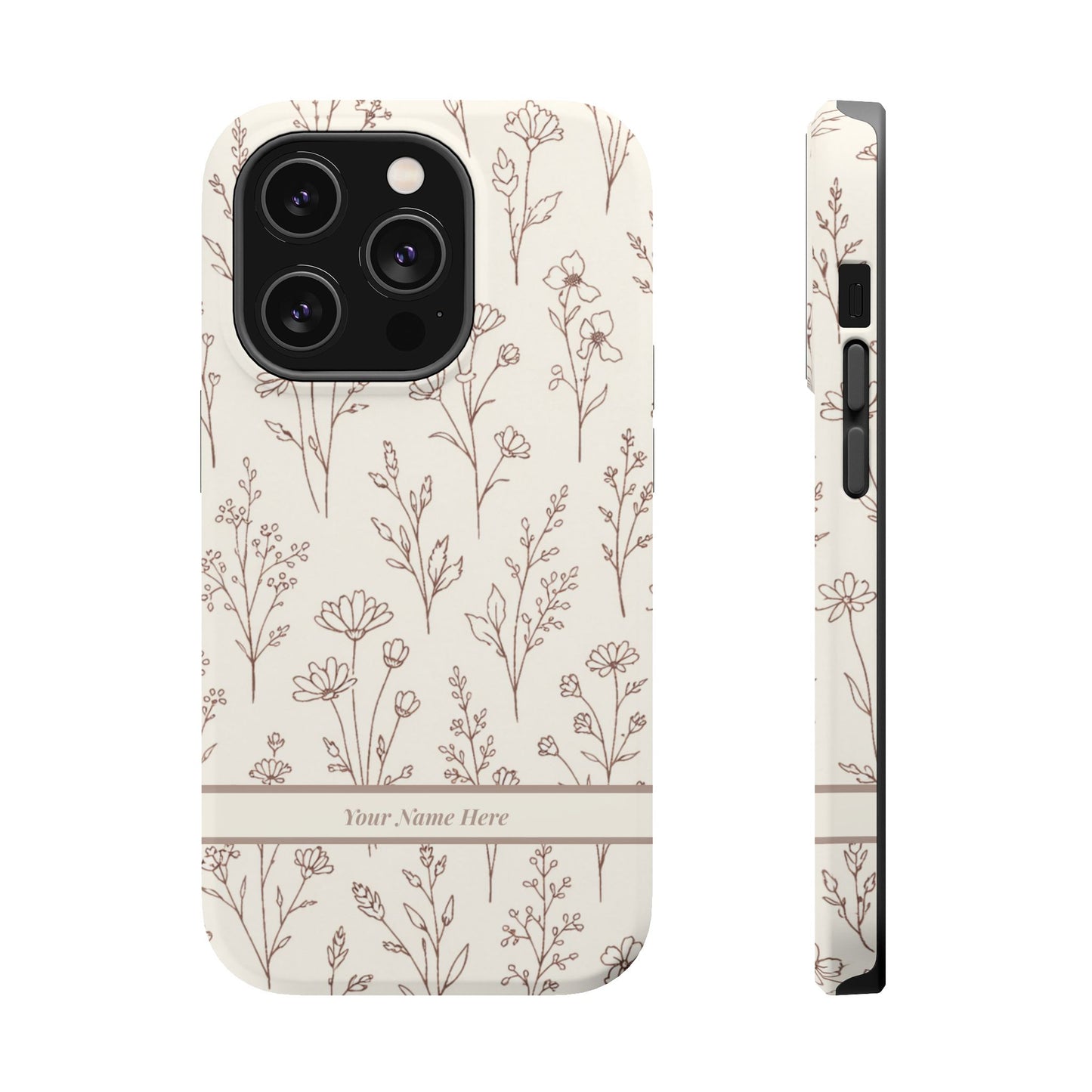 Phone case with floral pattern and space for personalization on a white background