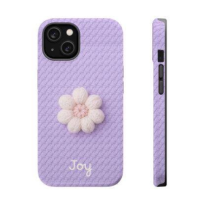 Purple textured phone case with a white flower and 'Joy' text on a white background