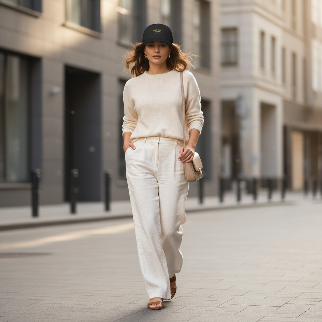 Woman walking confidently down a city street wearing a black Soft Life Girlie™ dad hat, cream sweater, and beige handbag