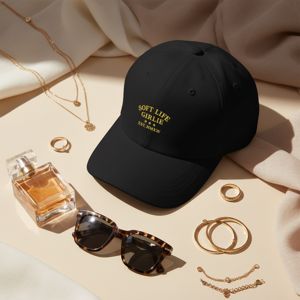Black Soft Life Girlie™ dad hat displayed in a flat-lay with gold jewelry, sunglasses, and perfume on a neutral backdrop.