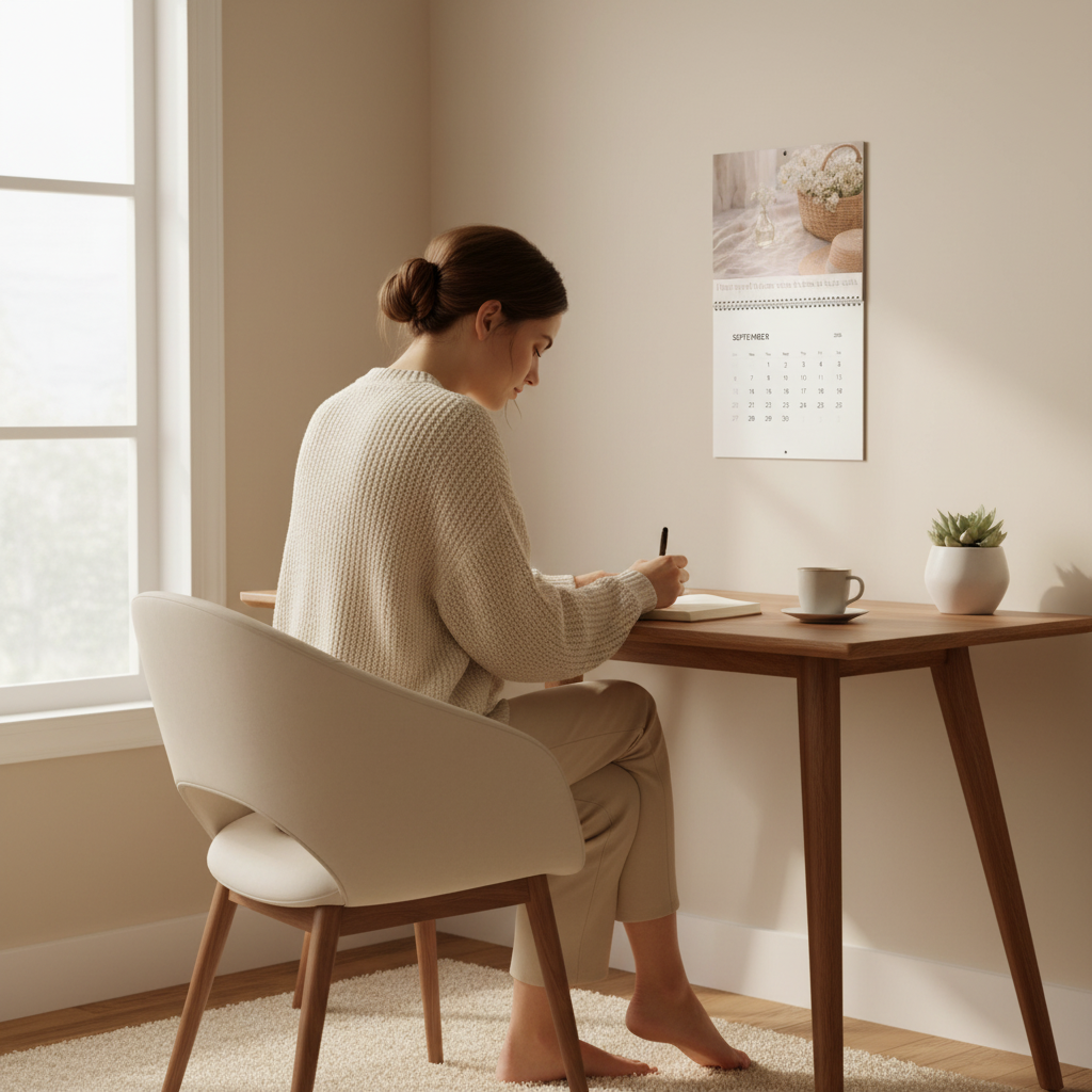 Woman sitting at a wooden desk in a bright room, writing in a notebook.  Soft Life Society 2026 wall calendar hangs above the desk.