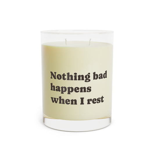 Soft Life Society Affirmation Candle with a label reading 'Nothing bad happens when I rest' on a white background