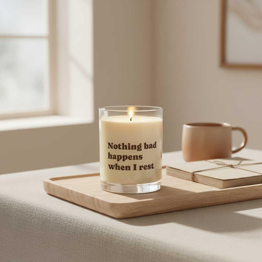 Soft Life Society Affirmation Candle with text on a wooden tray with a cup and books in a cozy setting