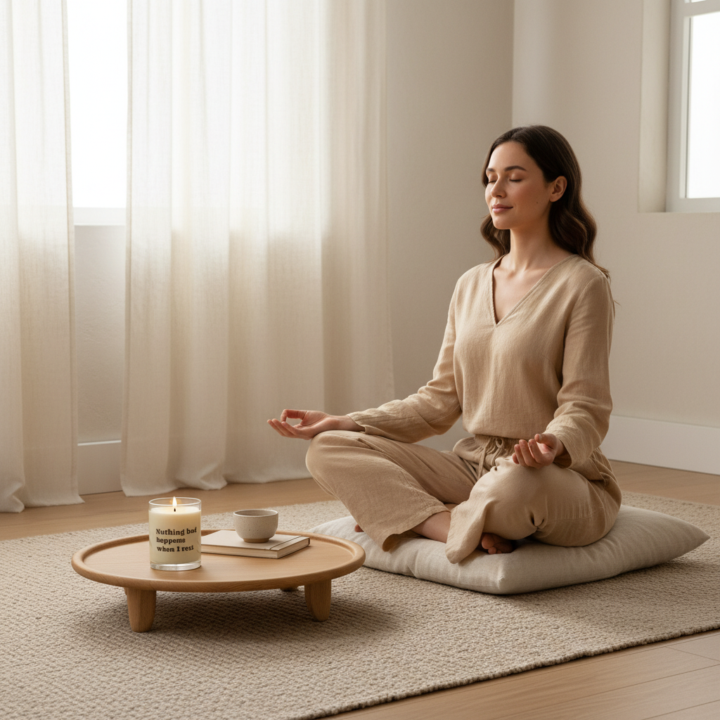 Woman meditating in a serene room with a Soft Life Society Affirmation candle and books on a small table.