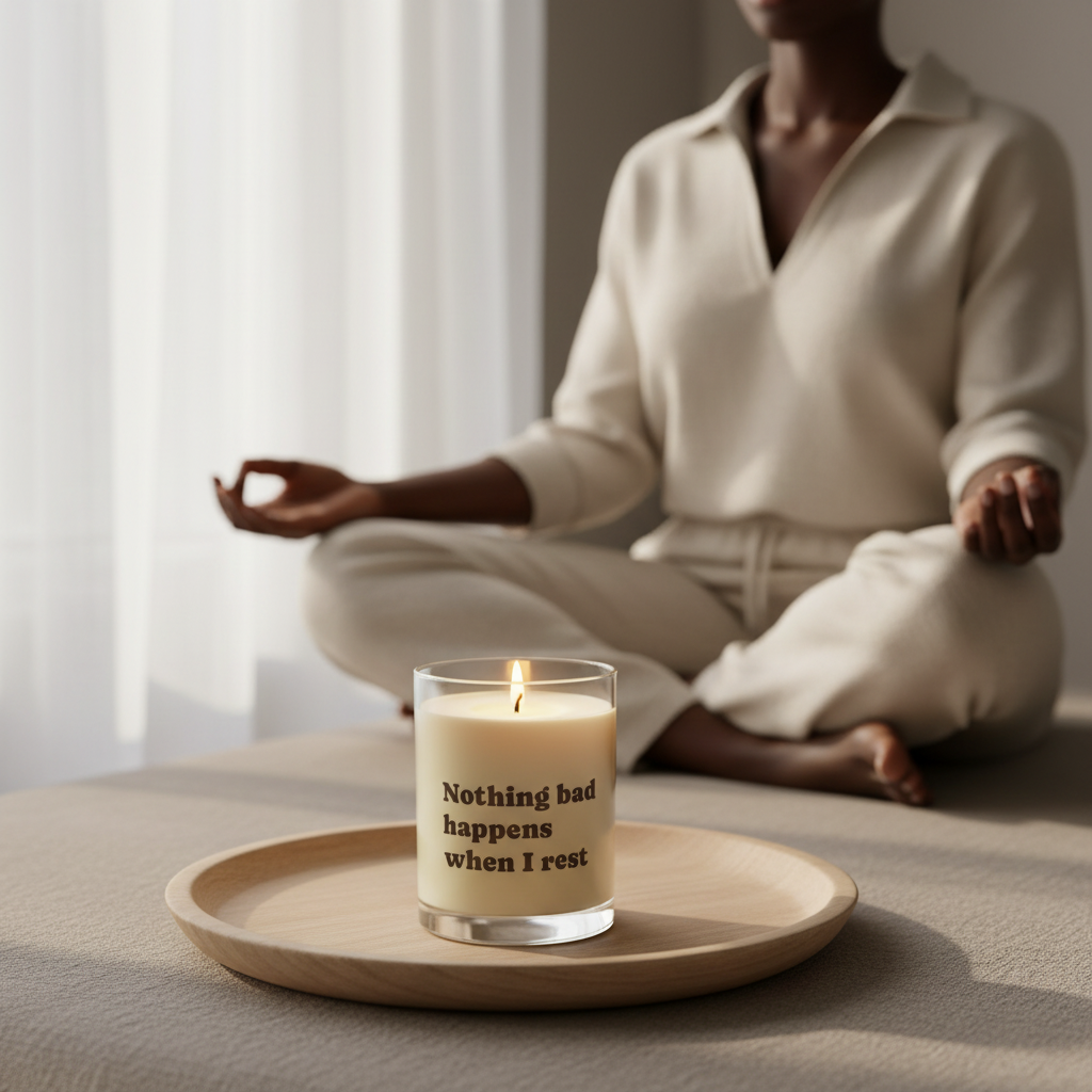 Person meditating with a Soft Life Society Affirmation candle on a tray that reads 'Nothing bad happens when I rest' in a serene setting.