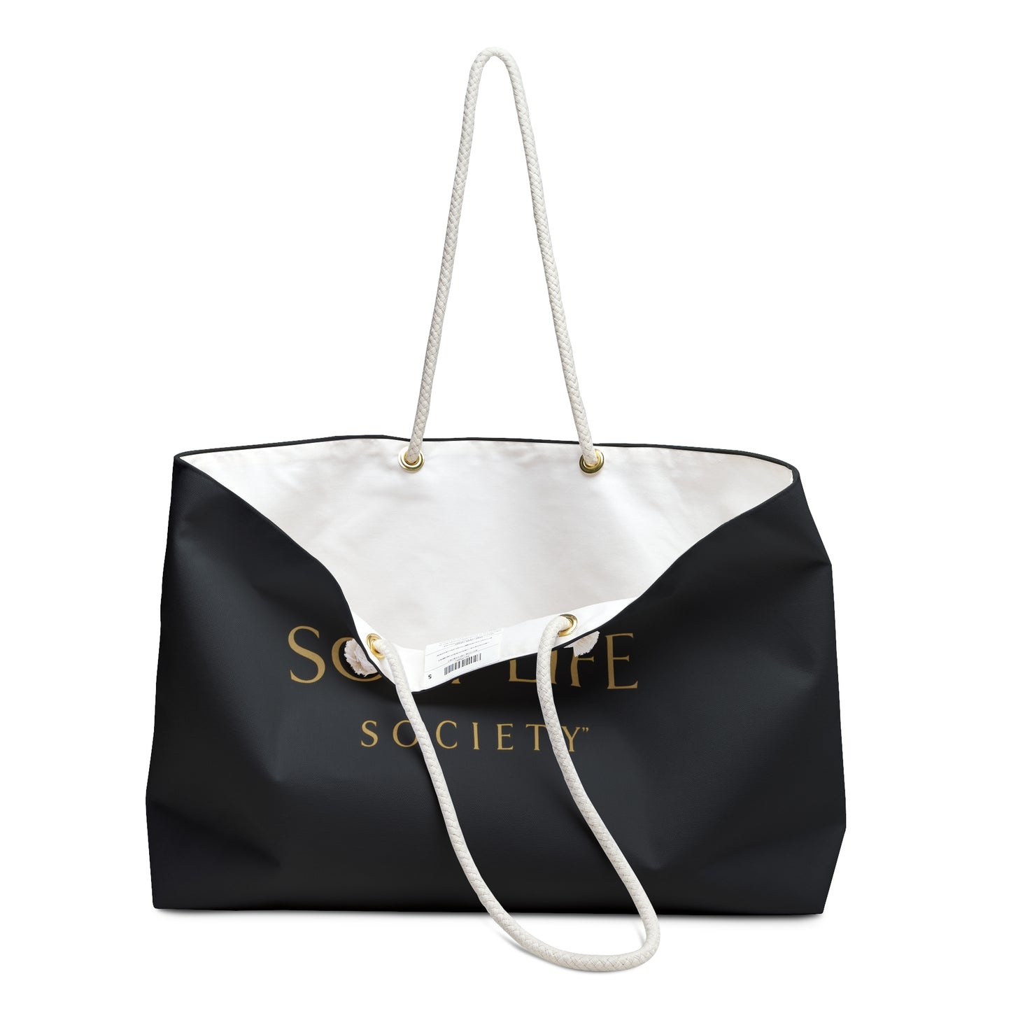 Black tote bag with white interior and handle, featuring 'Society Life' branding.