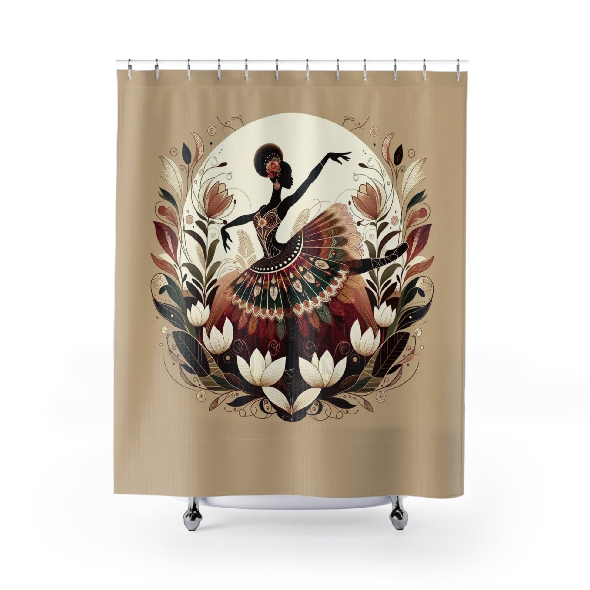 Artistic dancer design on a shower curtain, ideal for elegant and unique bathroom decor.