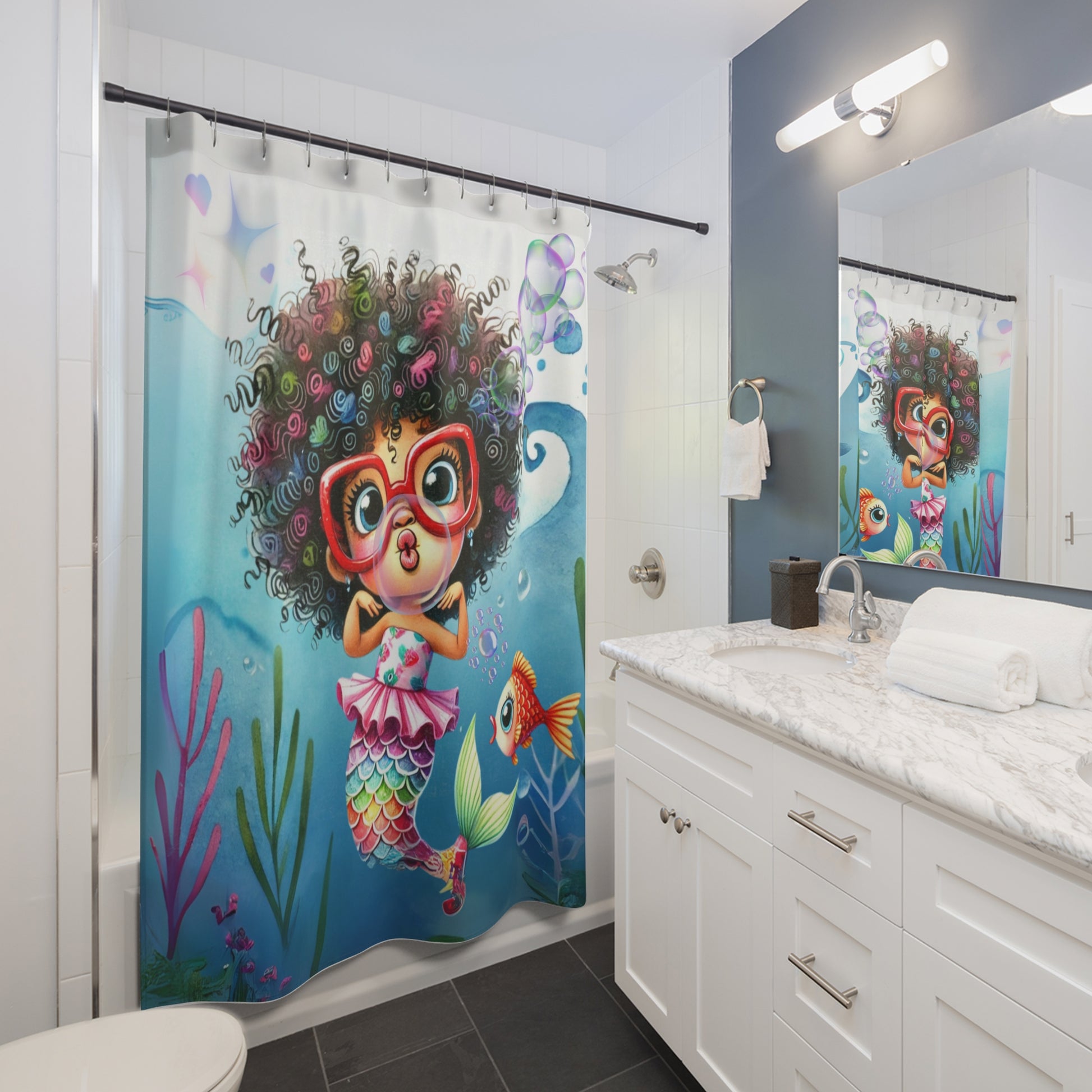 Mermaid shower curtain in a bright bathroom setting with matching decor.
