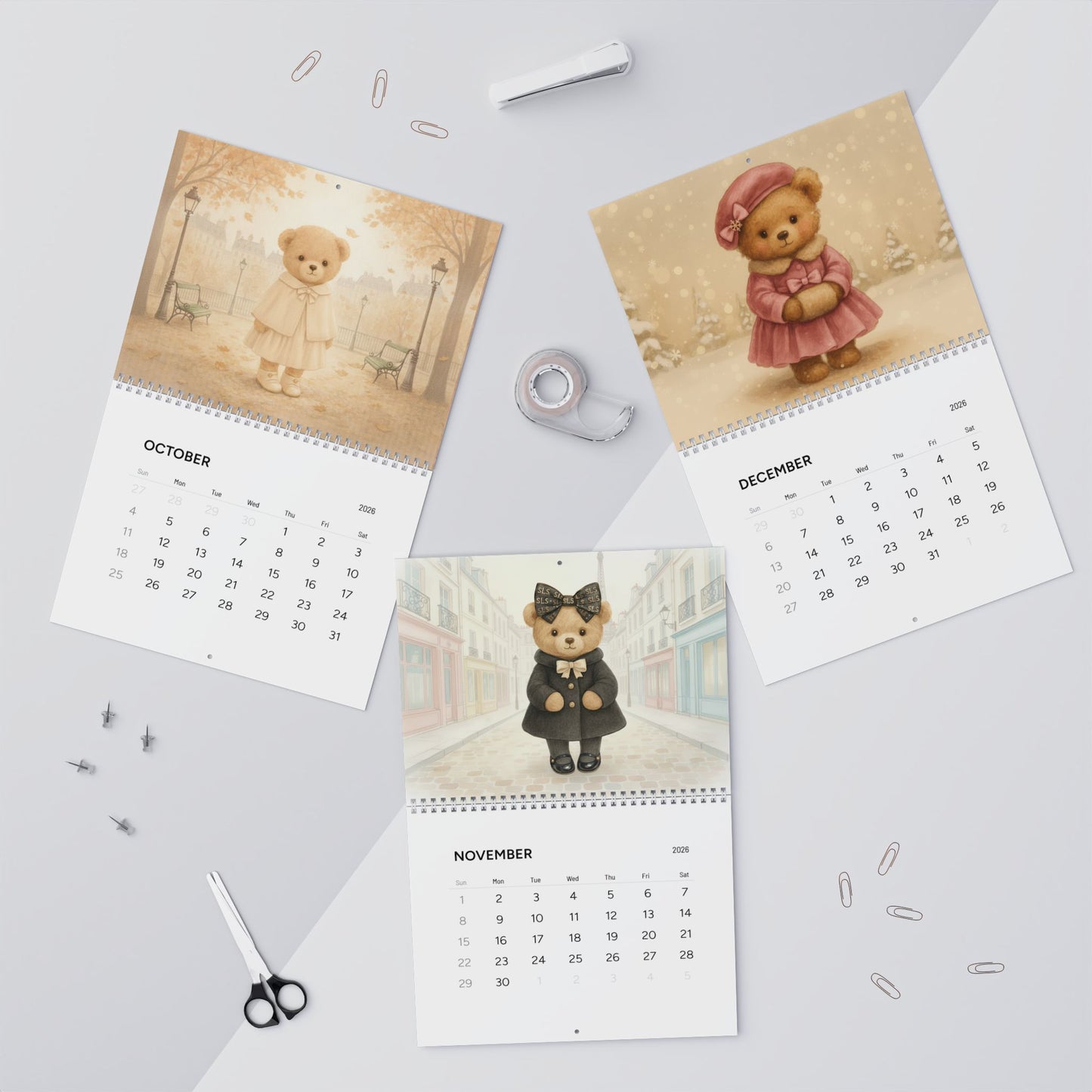 Calendar with Le Petit Teddy™ bear designs for October, November, and December on a light gray background.