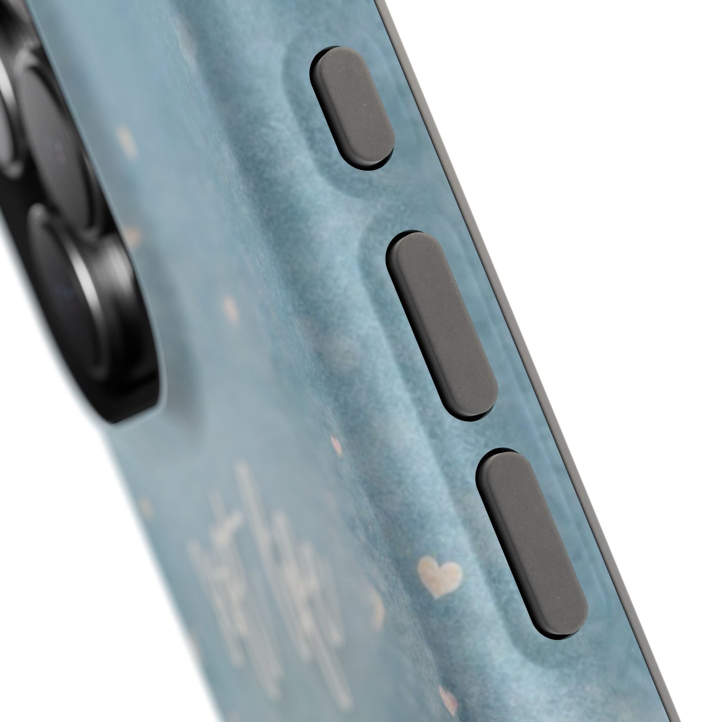 Close-up of phone case side buttons and textured grip, soft blue aesthetic finish