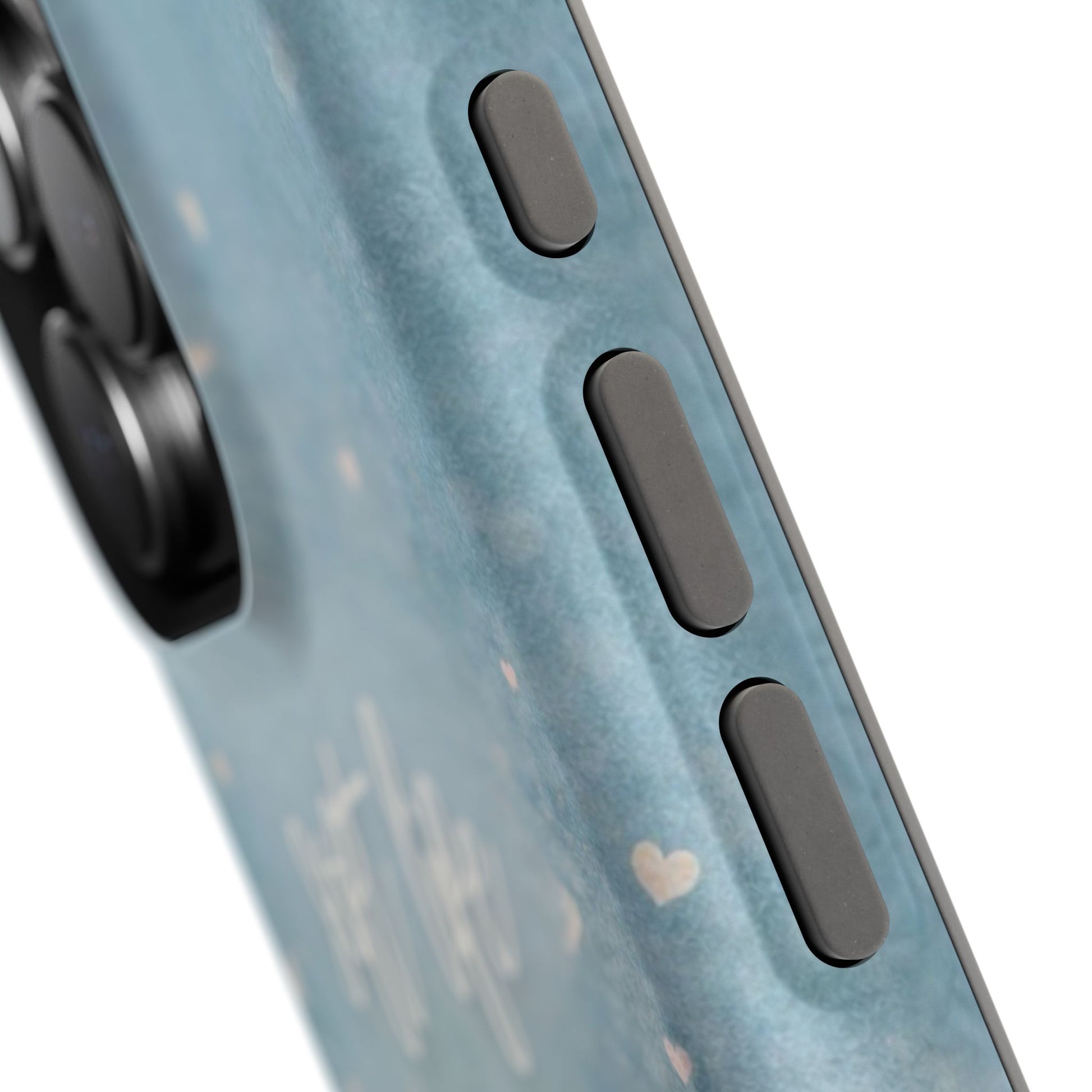 Close-up of phone case side buttons and textured grip, soft blue aesthetic finish