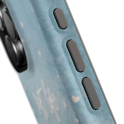 Close-up of phone case side buttons and textured grip, soft blue aesthetic finish