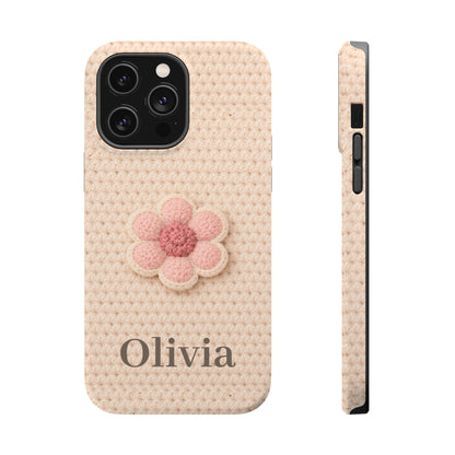 Phone case with a pink flower and 'Olivia' text on a textured beige background