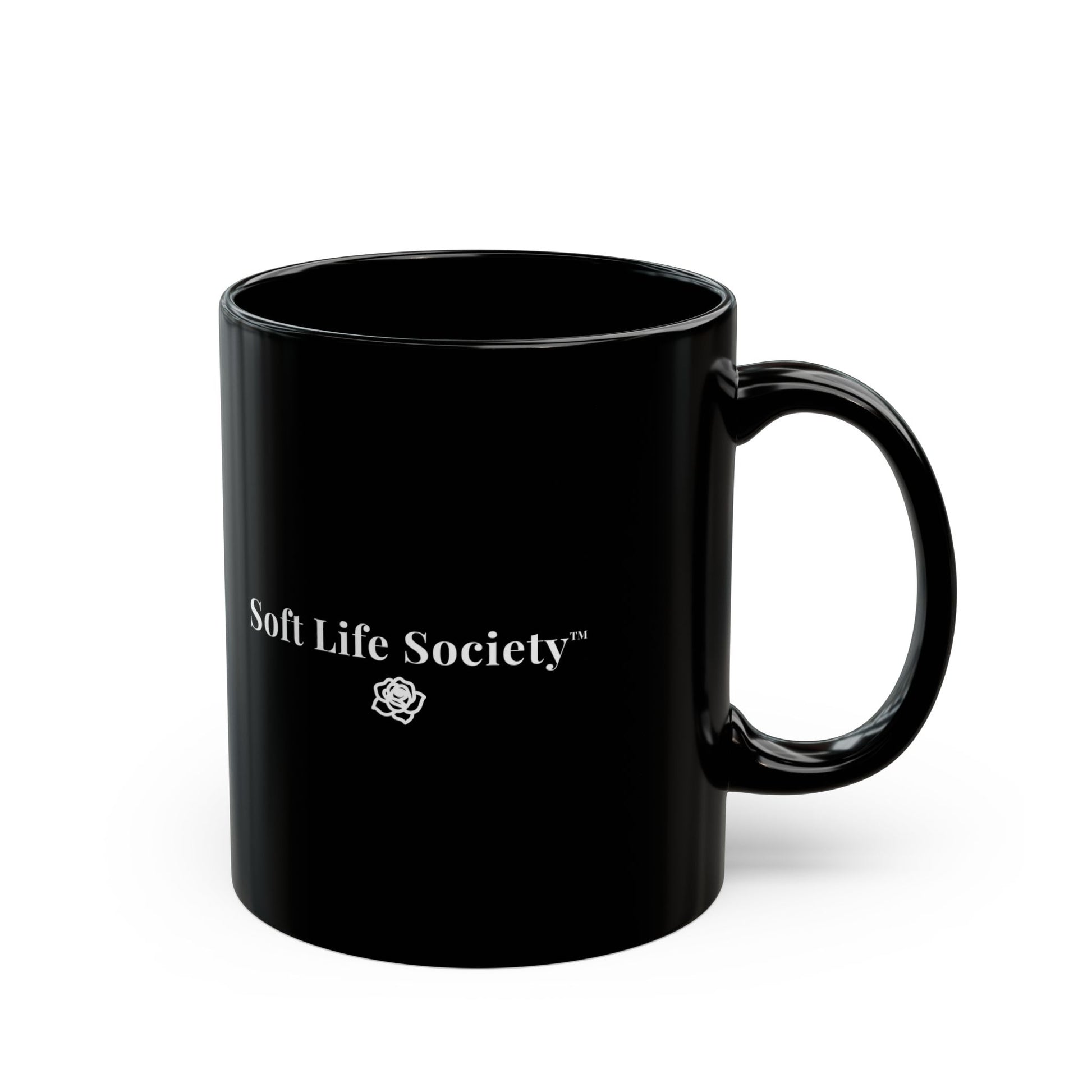 Black mug with 'Soft Life Society' text and logo on a white background