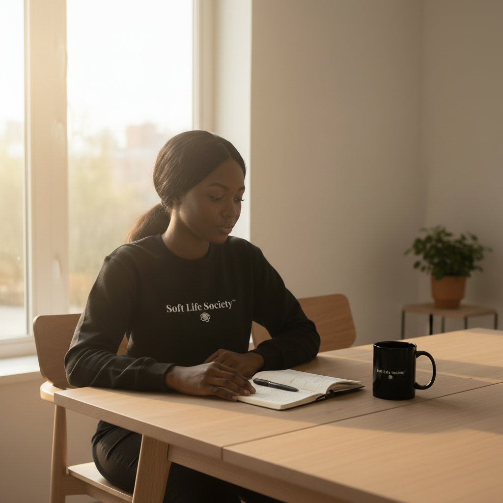 Person wearing a 'Soft Life Society' sweatshirt sitting at a table with a notebook and 'Soft Life Society' mug.