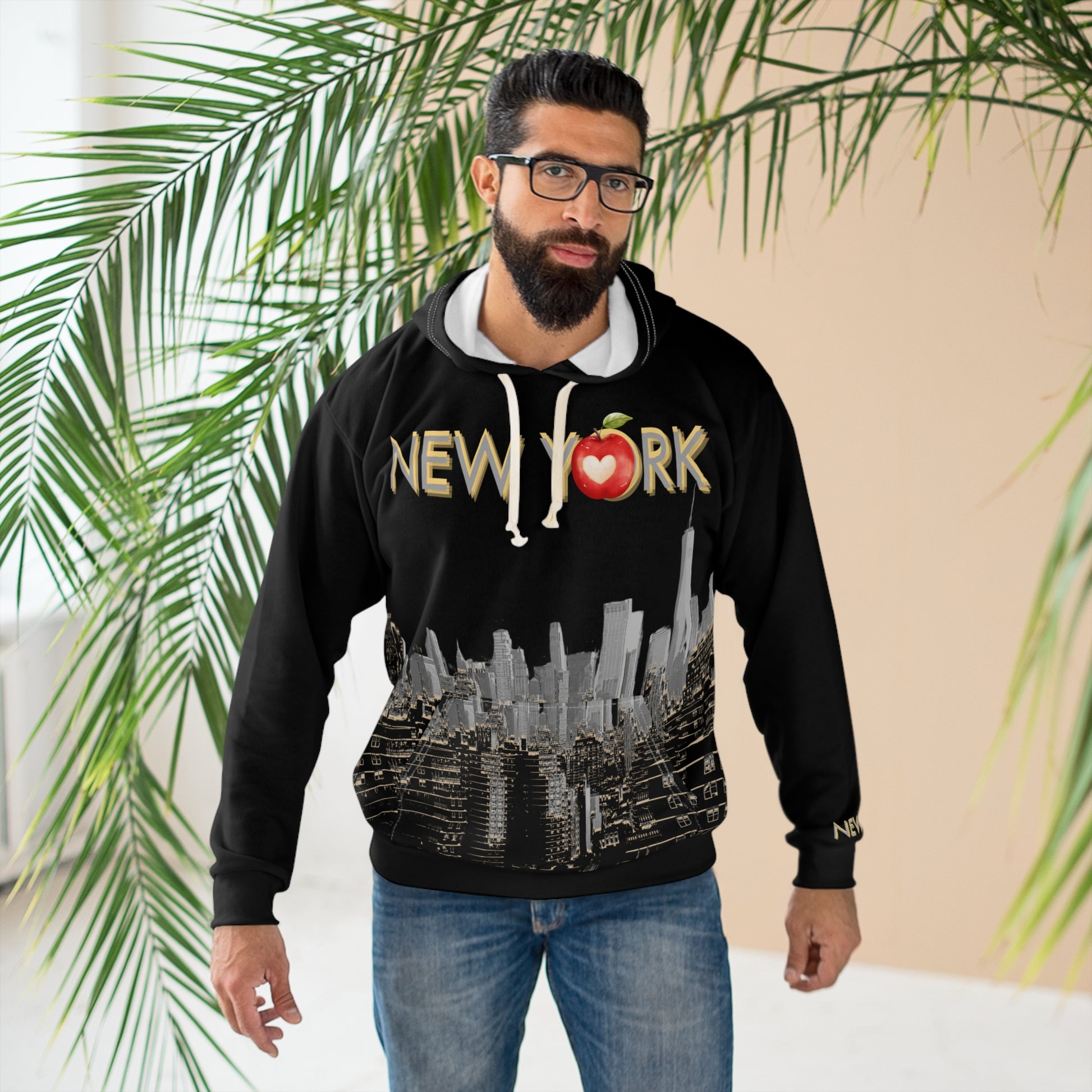 Lifestyle model wearing the hoodie, showing both front and back designs.
