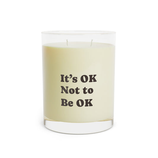 Soft Life Society Affirmation Candle with 'It's OK Not to Be OK' text on a beige label against a white background
